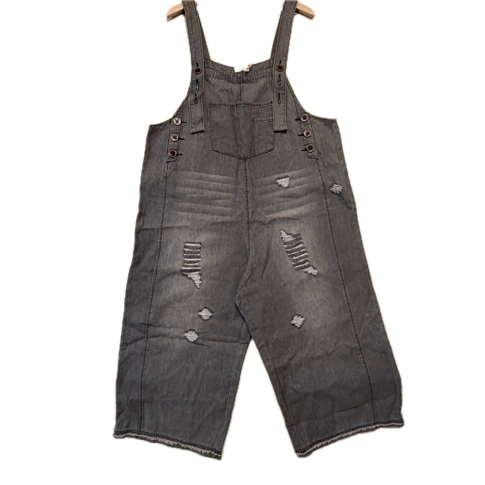 EASEL Overalls Women's Large Grey Denim Distressed Wide Leg Capris EB40341 NWT